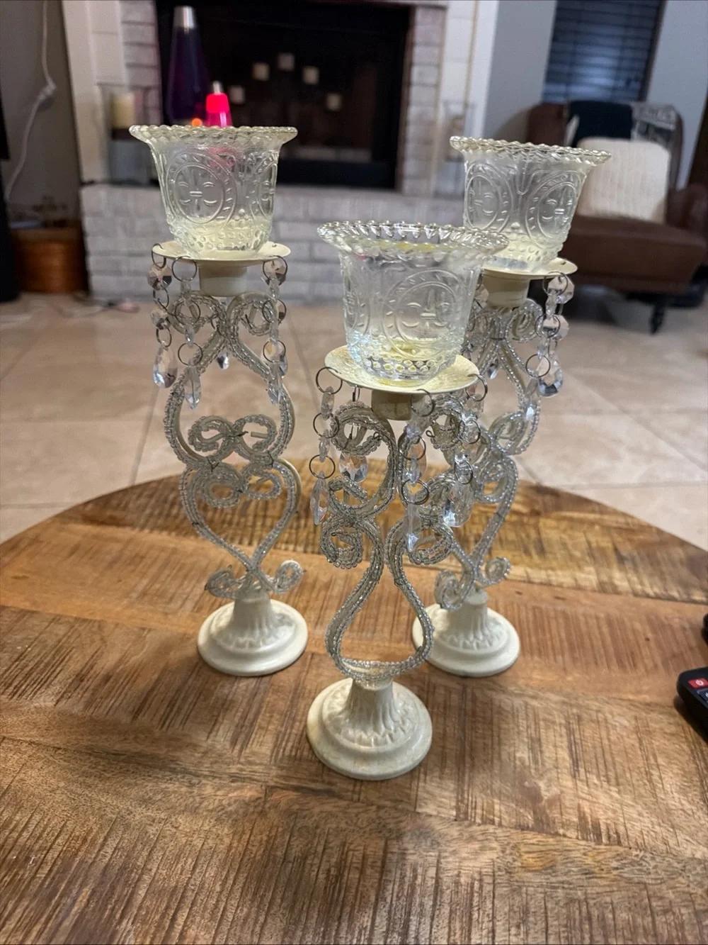 3 Shabby Chic White Metal Beaded Votive Candle Holders Cut Glass Faux Crystal